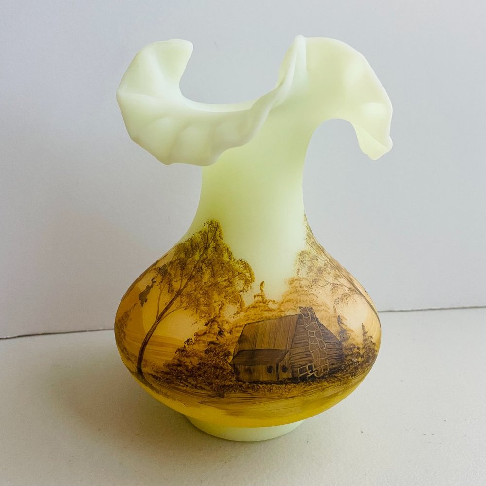 Fenton Vaseline Satin Hand Painted Cabin Ruffled Vase 7” Vintage Signed H. Curry